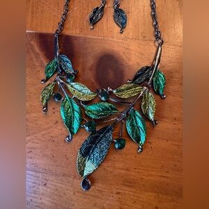 Leafy Green and Gold Statement Necklace and Earring Set